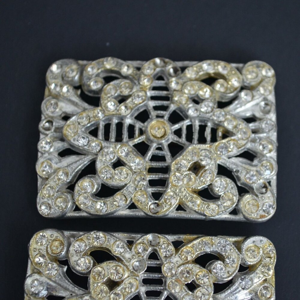 Pair Vintage Silver Rectangular Brooch Brooches Cz - image 3